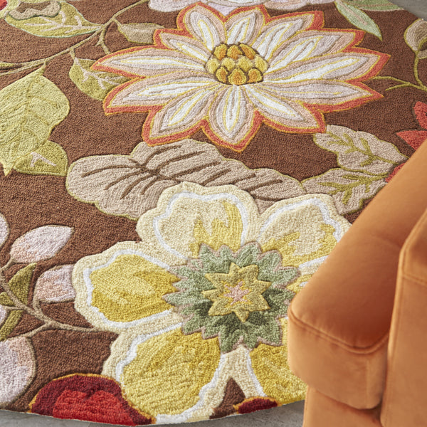 Homeroots 6' Brown Round Floral Hand Hooked Handmade Area Rug  Polypropylene 522232