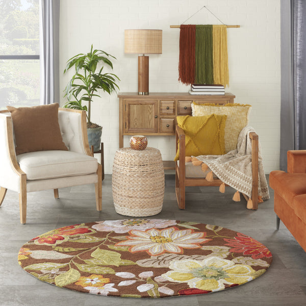 Homeroots 6' Brown Round Floral Hand Hooked Handmade Area Rug  Polypropylene 522232