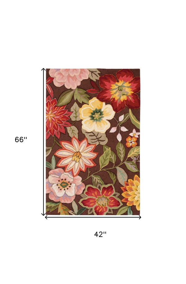 Homeroots 4' X 6' Brown Floral Hand Hooked Handmade Area Rug  Polypropylene 522236