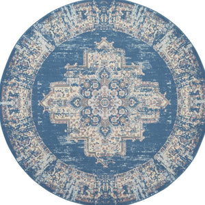 HomeRoots 6' Blue Damask Power Loom Area Rug – Timeless Elegance for Living Spaces with Easy Care Durability 8' Round Round 522244