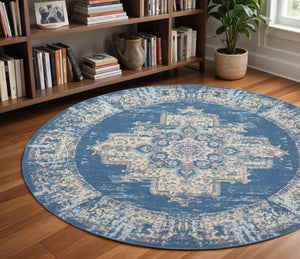 HomeRoots 6' Blue Damask Power Loom Area Rug – Timeless Elegance for Living Spaces with Easy Care Durability 8' Round Round 522244
