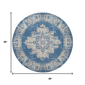 HomeRoots 6' Blue Damask Power Loom Area Rug – Timeless Elegance for Living Spaces with Easy Care Durability 8' Round Round 522244