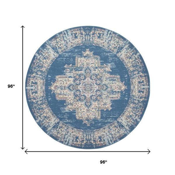 HomeRoots 6' Blue Damask Power Loom Area Rug – Timeless Elegance for Living Spaces with Easy Care Durability 8' Round Round 522244