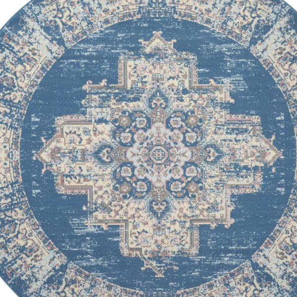 HomeRoots 6' Blue Damask Power Loom Area Rug – Timeless Elegance for Living Spaces with Easy Care Durability 8' Round Round 522244