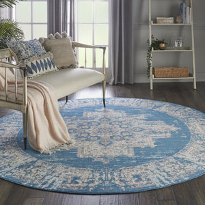 HomeRoots 6' Blue Damask Power Loom Area Rug – Timeless Elegance for Living Spaces with Easy Care Durability 8' Round Round 522244