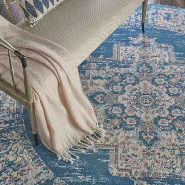HomeRoots 6' Blue Damask Power Loom Area Rug – Timeless Elegance for Living Spaces with Easy Care Durability 8' Round Round 522244