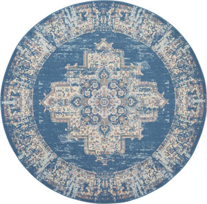HomeRoots 6' Blue Damask Power Loom Area Rug – Timeless Elegance for Living Spaces with Easy Care Durability 8' Round Round 522244