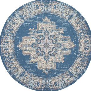 HomeRoots 6' Blue Damask Power Loom Area Rug – Timeless Elegance for Living Spaces with Easy Care Durability 8' Round Round 522244