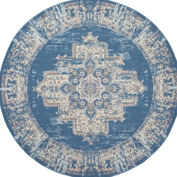 HomeRoots 6' Blue Damask Power Loom Area Rug – Timeless Elegance for Living Spaces with Easy Care Durability 8' Round Round 522244