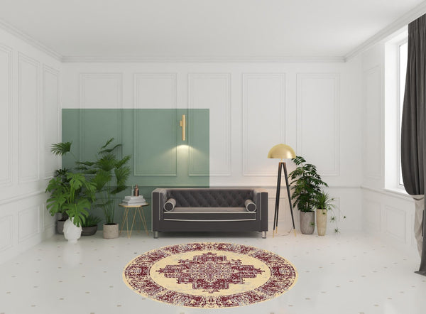 HomeRoots 8' Cream Damask Power Loom Area Rug - Elegant Centerpiece for Living Rooms and Bedrooms, Durable Style 8' Round Round 522246