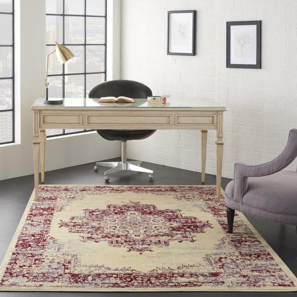 HomeRoots 8' Cream Damask Power Loom Area Rug - Elegant Centerpiece for Living Rooms and Bedrooms, Durable Style 6' X 9' Rectangle 522248