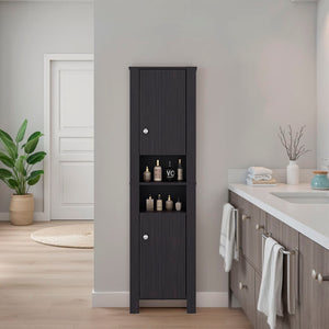 English Elm Vanessa Tall Bathroom Cabinet with Melamine Finish, Black Freestanding Organizer for Tight Spaces B200P374502