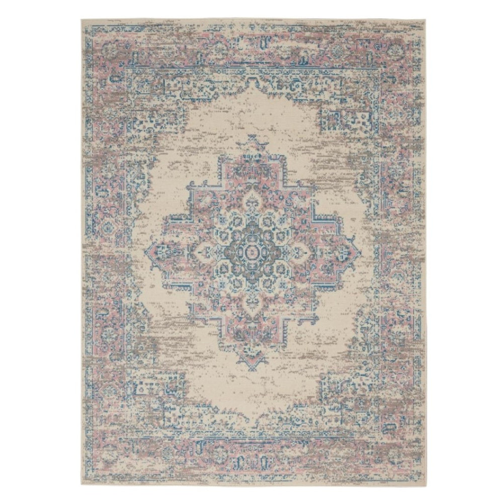 HomeRoots 6' Elegant Ivory Pink and Blue Medallion Area Rug – Soft, Durable Design for Any Living Space 6' X 9' 522263