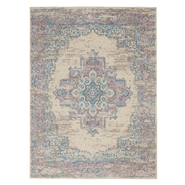 HomeRoots 6' Elegant Ivory Pink and Blue Medallion Area Rug – Soft, Durable Design for Any Living Space 6' X 9' 522263