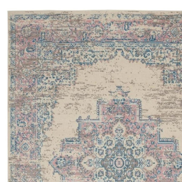 HomeRoots 6' Elegant Ivory Pink and Blue Medallion Area Rug – Soft, Durable Design for Any Living Space 6' X 9' 522263
