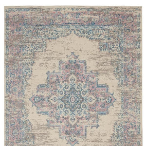 HomeRoots 6' Elegant Ivory Pink and Blue Medallion Area Rug – Soft, Durable Design for Any Living Space 6' X 9' 522263