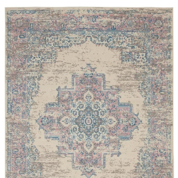 HomeRoots 6' Elegant Ivory Pink and Blue Medallion Area Rug – Soft, Durable Design for Any Living Space 6' X 9' 522263