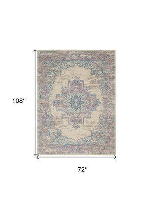 HomeRoots 6' Elegant Ivory Pink and Blue Medallion Area Rug – Soft, Durable Design for Any Living Space 6' X 9' 522263