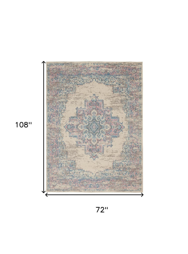 HomeRoots 6' Elegant Ivory Pink and Blue Medallion Area Rug – Soft, Durable Design for Any Living Space 6' X 9' 522263