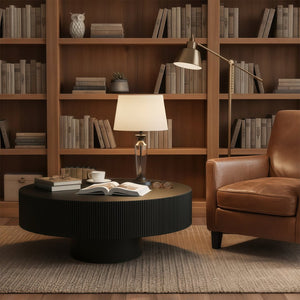 English Elm Round Fluted Pedestal Coffee Table Mid Century Mdf Base for Compact Living Spaces W3204P390987