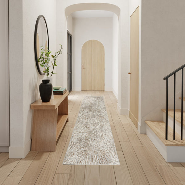 HomeRoots 8' Gray and Ivory Abstract Runner Rug - Durable Polyester, Stylish Design for Hallways & High-Traffic Areas 522353