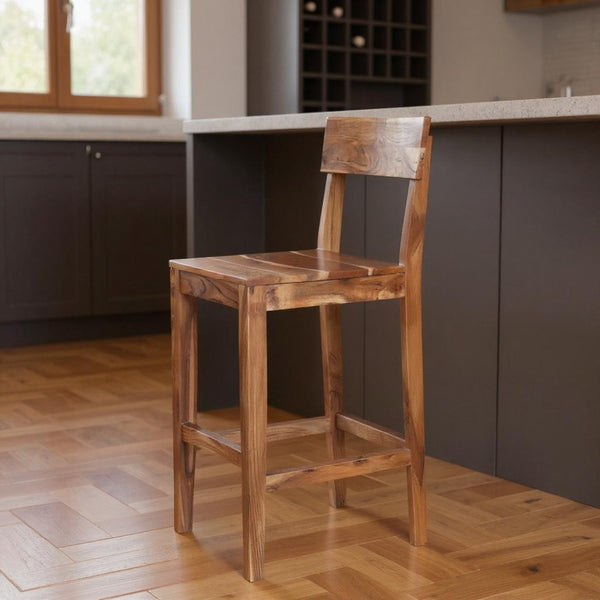 HomeRoots 30" Brown Solid Wood Bar Chair - Stylish Cafe-Style Seating for Kitchen Islands and Home Bars 522382
