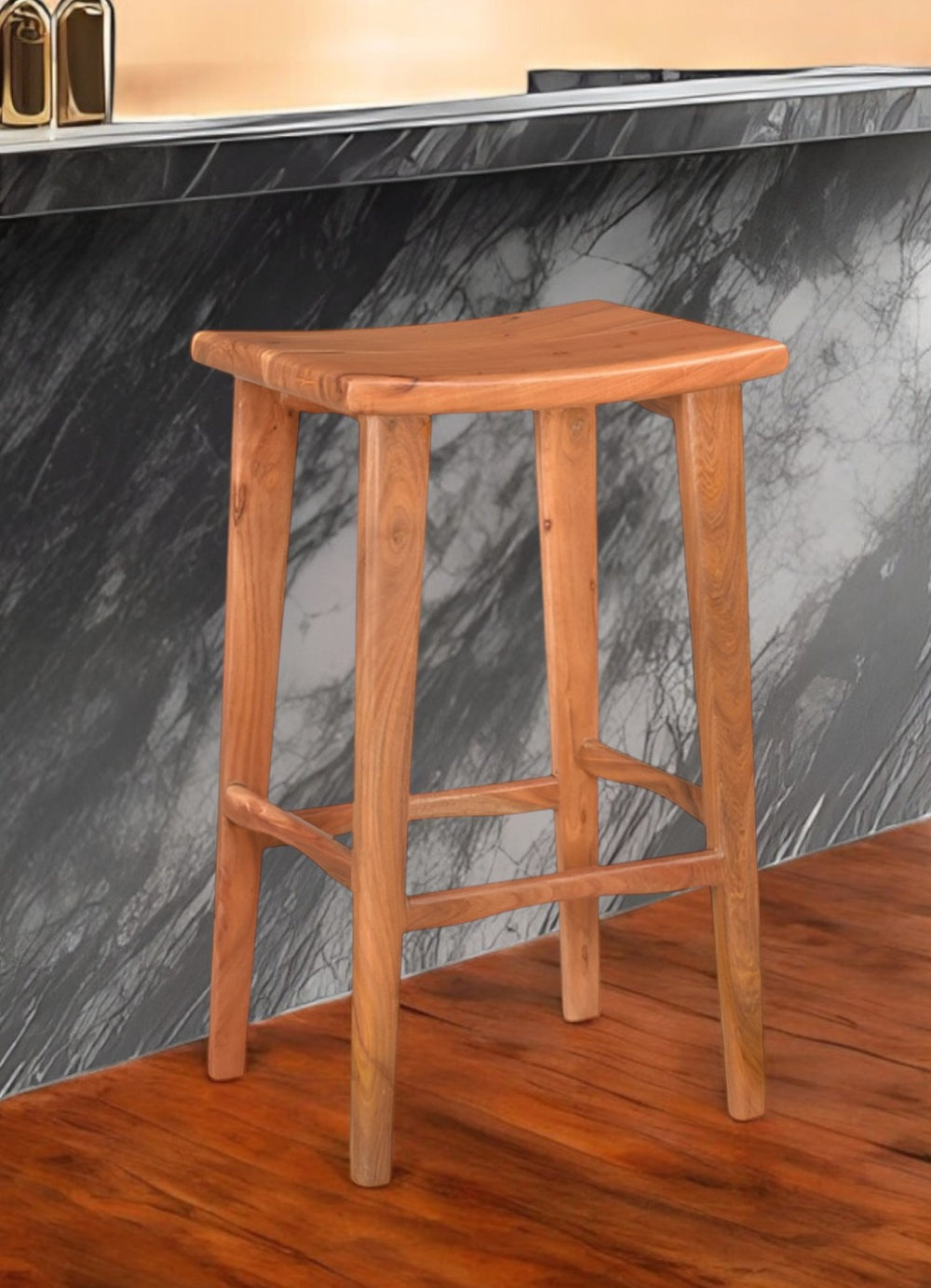 HomeRoots 32" Brown Backless Counter Height Bar Chair - Rustic Solid Wood with Bucket Seat & Footrest 522383