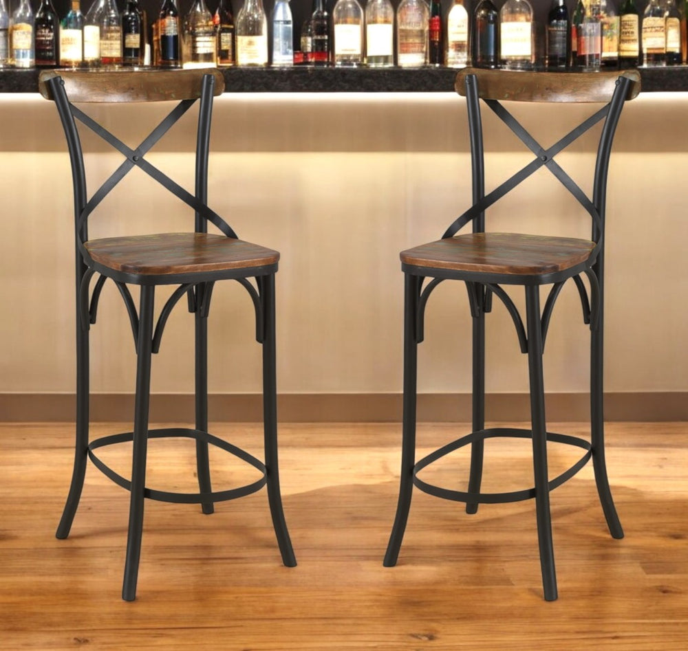 HomeRoots 30" Brown and Black Solid Wood & Metal Bar Chair - Industrial Style for Home Bars & Cafes 522386