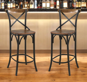 HomeRoots 30" Brown and Black Solid Wood & Metal Bar Chair - Industrial Style for Home Bars & Cafes 522386