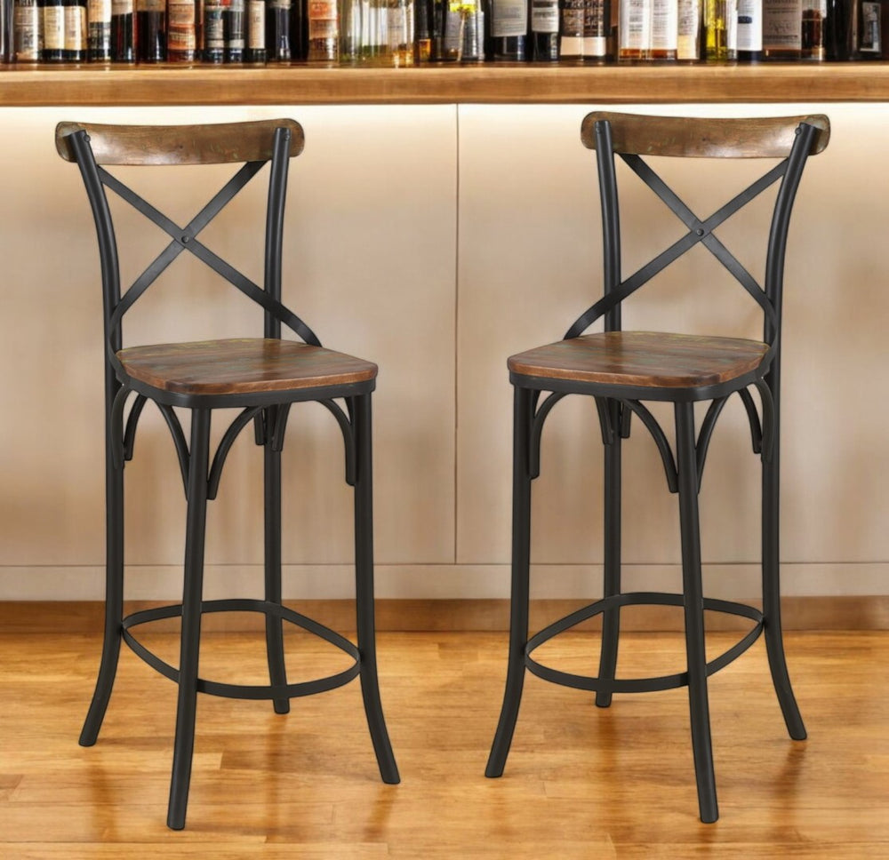 HomeRoots 30" Brown and Black Solid Wood & Metal Bar Chair - Industrial Style for Home Bars & Cafes 522386