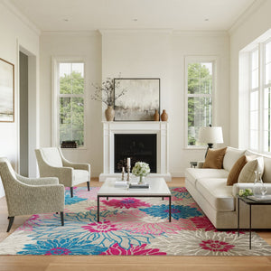 HomeRoots 9' X 12' Floral Power Loom Area Rug - Timeless Elegance for Living Spaces, Durable & Easy to Clean Blue, Pink 522404