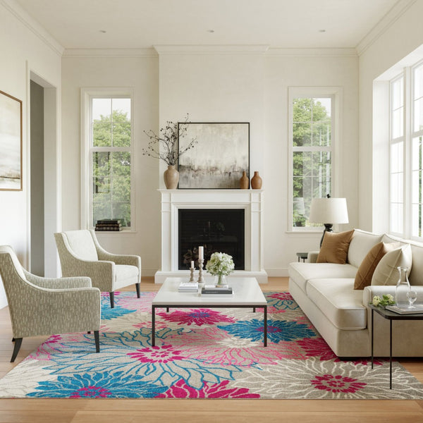 HomeRoots 9' X 12' Floral Power Loom Area Rug - Timeless Elegance for Living Spaces, Durable & Easy to Clean Blue, Pink 522404