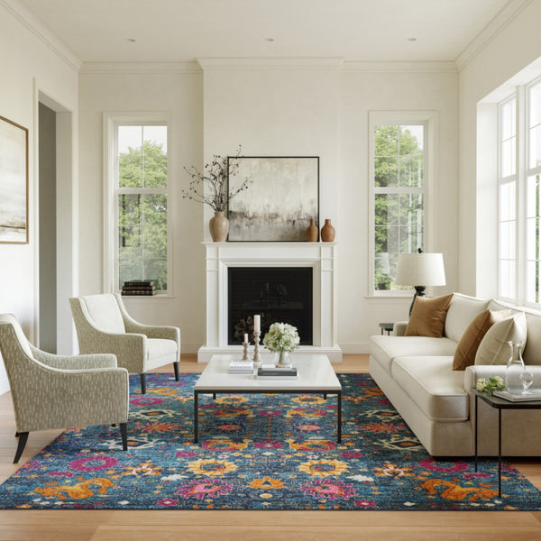 HomeRoots 9' X 12' Floral Power Loom Area Rug - Timeless Design for Elegant Spaces with Durable Performance Blue, Pink 522409