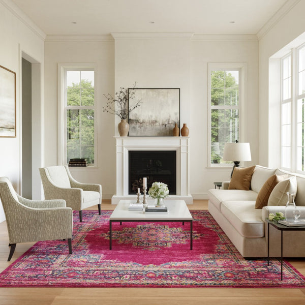 HomeRoots 9' Floral Power Loom Area Rug - Elegant Design for Living Room, Easy-Clean Durability, Timeless Charm Fuchsia 522413