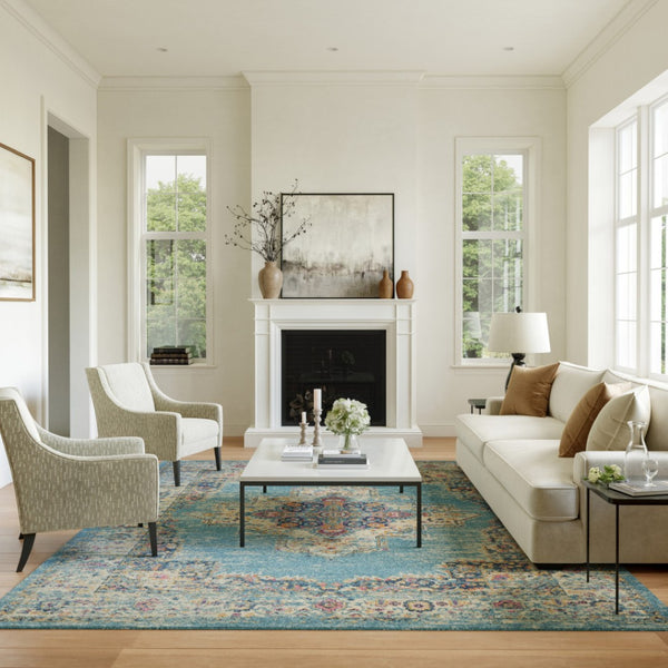 HomeRoots 9' Light Blue Floral Power Loom Area Rug - Elegant, Durable, Versatile Design for Any Room Decor 522418