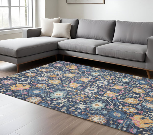 HomeRoots 9' X 12' Blue and Gold Floral Area Rug – Stylish Bohemian Design for Living Room & Bedroom Focal Point 522420