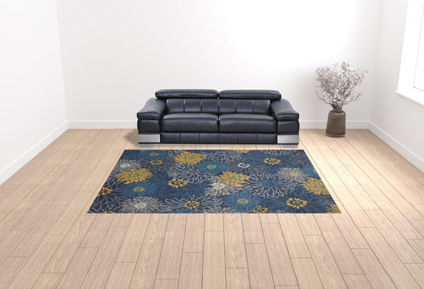 HomeRoots 9' X 12' Floral Power Loom Area Rug - Timeless Elegance for Living Spaces, Durable & Easy to Clean Blue, Ivory 522421