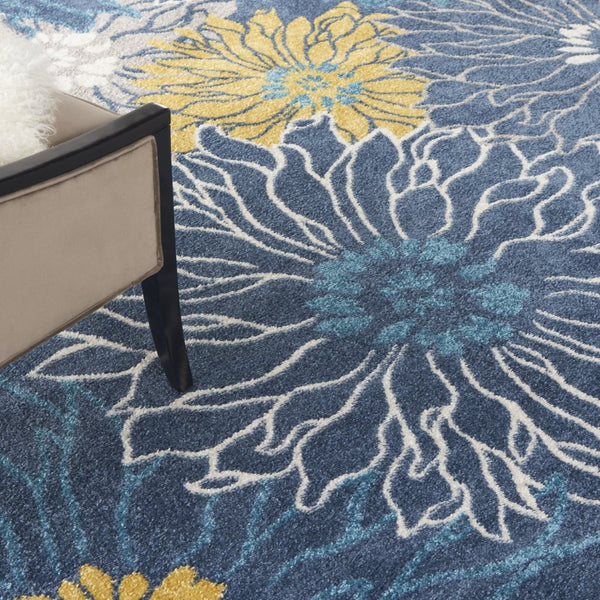 HomeRoots 9' X 12' Floral Power Loom Area Rug - Timeless Elegance for Living Spaces, Durable & Easy to Clean Blue, Ivory 522421