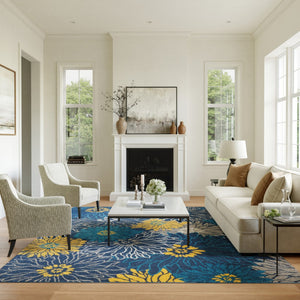 HomeRoots 9' X 12' Floral Power Loom Area Rug - Timeless Elegance for Living Spaces, Durable & Easy to Clean Blue, Ivory 522421