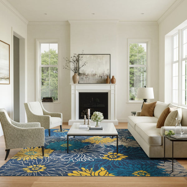 HomeRoots 9' X 12' Floral Power Loom Area Rug - Timeless Elegance for Living Spaces, Durable & Easy to Clean Blue, Ivory 522421