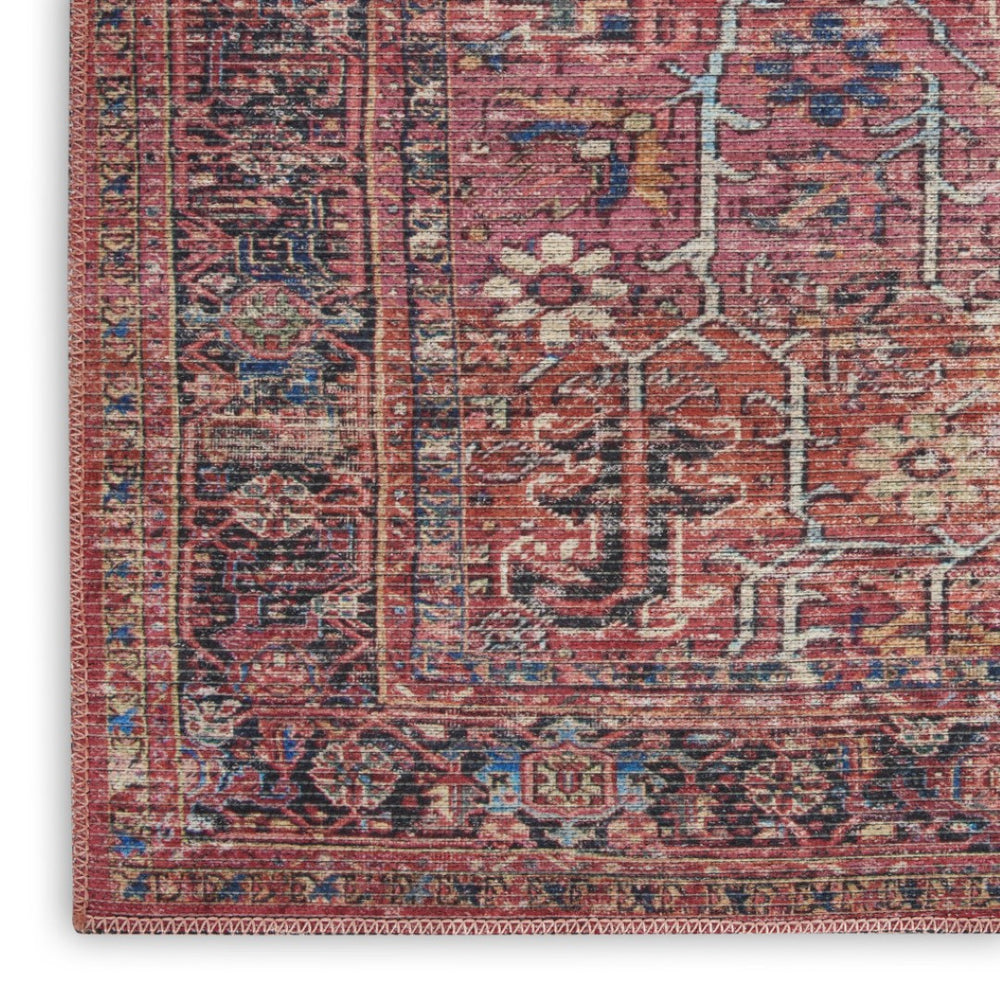 HomeRoots 5' Pink and Blue Oriental Distressed Area Rug - Soft Cotton Blend, Washable, Vintage Charm for Home 9' X 12' 522424