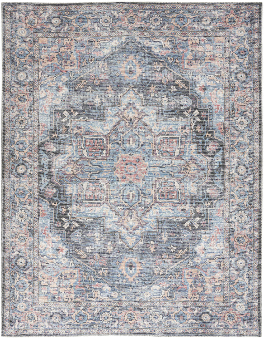 Homeroots 9' X 12' Blue And Pink Floral Power Loom Distressed Washable Area Rug  Cotton Blend 522426