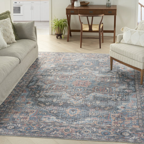 Homeroots 9' X 12' Blue And Pink Floral Power Loom Distressed Washable Area Rug  Cotton Blend 522426