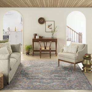 Homeroots 9' X 12' Blue And Pink Floral Power Loom Distressed Washable Area Rug  Cotton Blend 522426