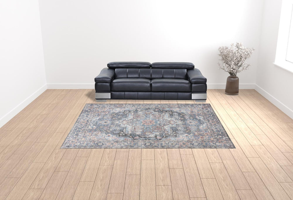 HomeRoots 9' Vintage Floral Area Rug in Blue and Pink - Distressed, Washable, Perfect for Any Room Decor 9' X 12' 522426