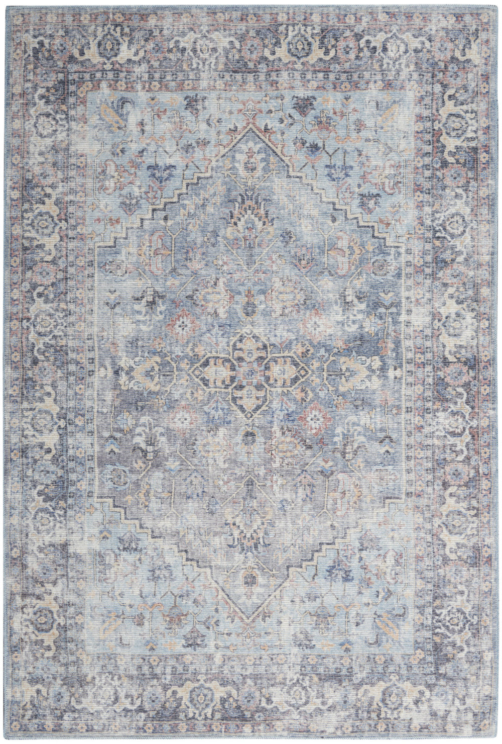 Homeroots 9' X 12' Blue And Gray Floral Medallion Power Loom Distressed Washable Area Rug  Cotton Blend 522427