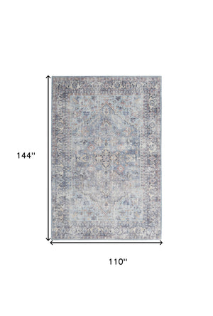 Homeroots 9' X 12' Blue And Gray Floral Medallion Power Loom Distressed Washable Area Rug  Cotton Blend 522427