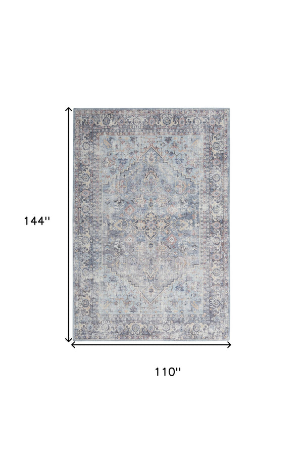 Homeroots 9' X 12' Blue And Gray Floral Medallion Power Loom Distressed Washable Area Rug  Cotton Blend 522427