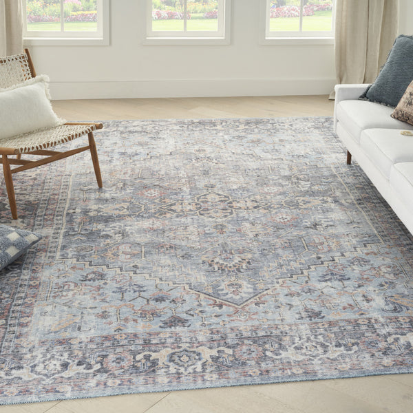 Homeroots 9' X 12' Blue And Gray Floral Medallion Power Loom Distressed Washable Area Rug  Cotton Blend 522427