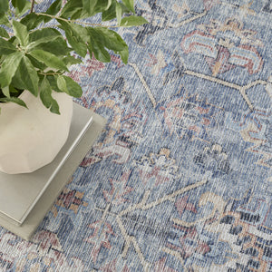 Homeroots 9' X 12' Blue And Gray Floral Medallion Power Loom Distressed Washable Area Rug  Cotton Blend 522427